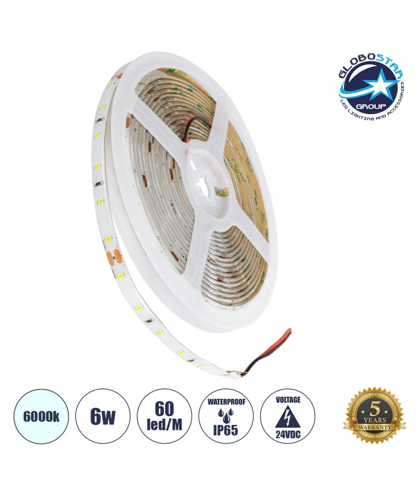 GLOBOSTAR® LILAC 70300 Ταινία LED 6W-m 660lm-m 120° DC 24V Αδιάβροχη IP65 60 x SMD2835 Chip-m Ψυχρό Λευκό 6000K Dimmable - Sanan SMD Chip - Μ500 x Π0.8 x Υ0.2cm - Ρολό 5 Μέτρων - 5 Χρόνια Εγγύηση